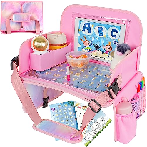 MENZOKE Kids Travel Tray, Car Seat Table Tray, Road Trip Essentials with Educational Drawing Board, Tablet Holder & Cooler Cup Holder, Travel Table for Kids Gifts in Car, Airplane, Multicoloured - color: Magic Pink