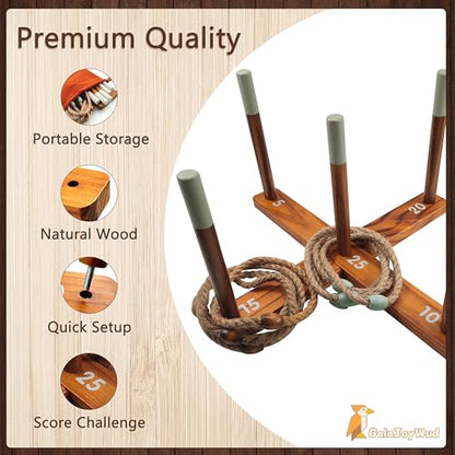 Ring Toss Game for Kids – Backyard Games Set with Wooden Poles, Rope Rings & Portable Carrying Case – Indoor & Outdoor Lawn Games for Family, Beach, Camping, Party Activities