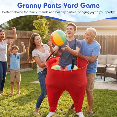 2 Pcs Granny Pants Yard Game with Suspenders, 16 Bouncy Balls & 2 Pumps - Hilarious Outdoor Party Game for Adults, Kids, Family Reunions & Field Days - color: Classic Red & Green