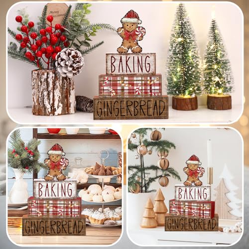 DIYDEC 4Pcs Christmas Table Decoration Gingerbread Man Wooden Block Sign Christmas Tiered Tray Decor Centerpiece Decorative Sign for Xmas Holiday Tabletop Coffee Fireplace Shelf Desk Party Decor - style: Gingerbread Man