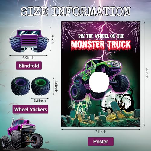 Faccito Monster Truck Birthday Games Pin The Wheel on The Monster Truck Green and Purple Trucks Poster with Stickers Blindfolds for Birthday Decorations Cars Party Games Activities Supplies - style: Truck