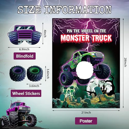 Faccito Monster Truck Birthday Games Pin The Wheel on The Monster Truck Green and Purple Trucks Poster with Stickers Blindfolds for Birthday Decorations Cars Party Games Activities Supplies - style: Truck