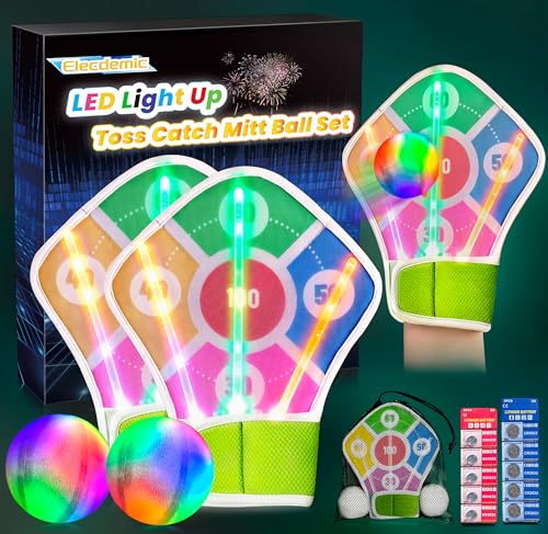 Light Up Toss Catch Mitt Paddle Ball Game Set Glow in Dark Fun Activities Led Flashlight Gloves Dart Sports Toys Baseball Gifts Outdoor Indoor Party Boys Girls Kids Adults Family Ages 3-12 - color: Green 2 Mitts 2 Balls