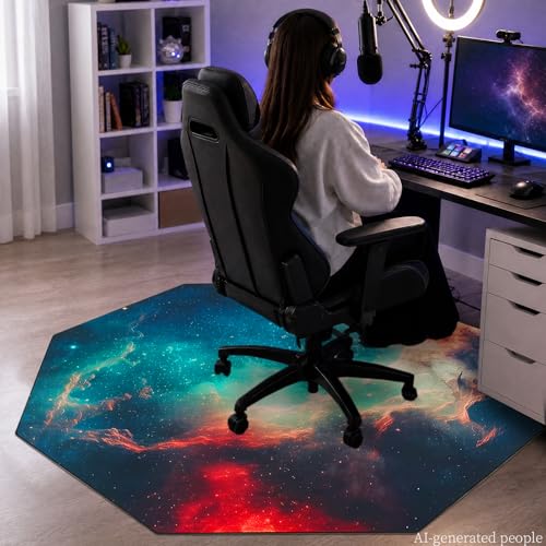USTIDE Large Gaming Chair Mat Vibrant Galaxy Carpet Nonslip Rubber Desk Chair Mat Office Gaming Floor Mat for Kids Teens Adults 51"x51" - color: Green/Red