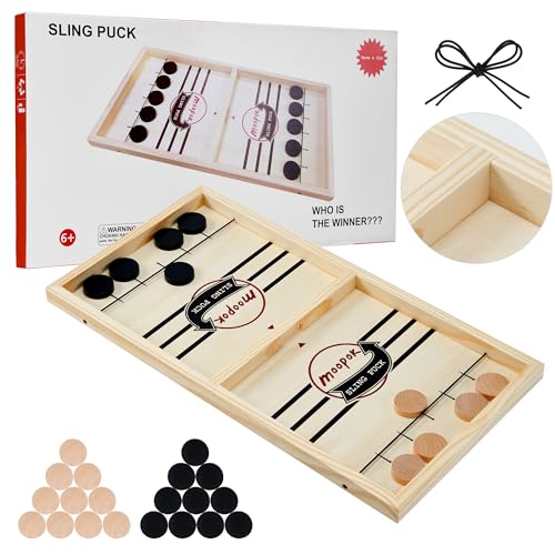 moopok Fast Sling Puck Game - Fast Action Super Foosball Table Desktop Battle Slingshot Wooden Air Hockey Board Game -Guaranteed Fun for Family Game Night or Friends Party - size: (Standard) Large