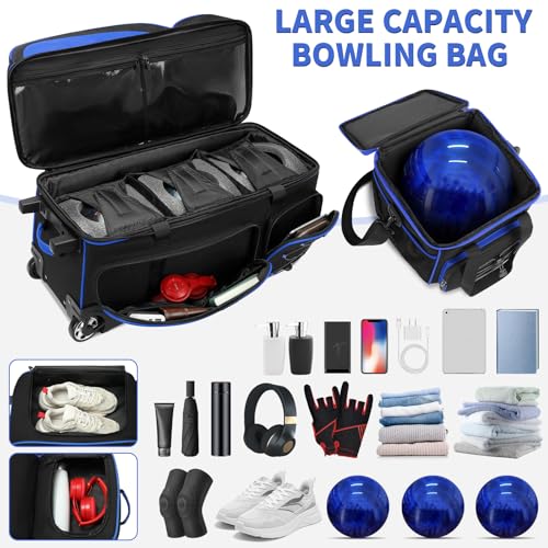 BOSSTIN 3-4 Ball Bowling Bags with Wheels, Secure Hook & Loop Fixed Ball Cup & Shoe Compartment (Fits Up to Size 16), Roller with Multi-Pockets