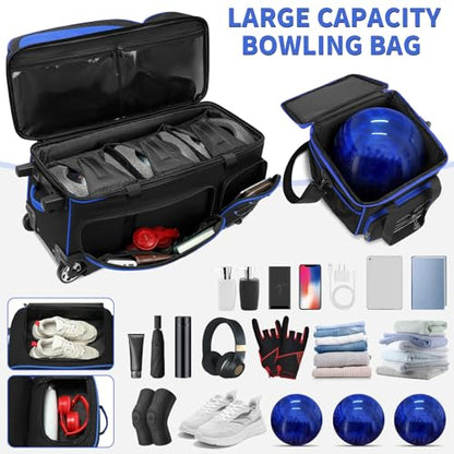 BOSSTIN 3-4 Ball Bowling Bags with Wheels, Secure Hook & Loop Fixed Ball Cup & Shoe Compartment (Fits Up to Size 16), Roller with Multi-Pockets