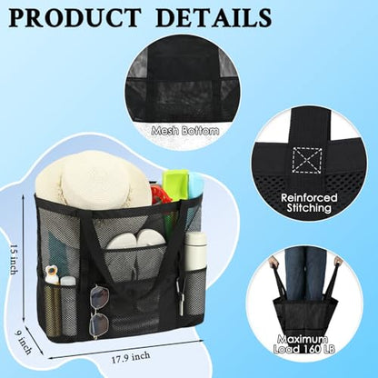 GYEUKHAM Mesh Beach Bag for Women, Sand-Resistant Pool Tote, 9 Pockets (1 Inner Zip), Foldable Family Travel Essentials - color: L-black