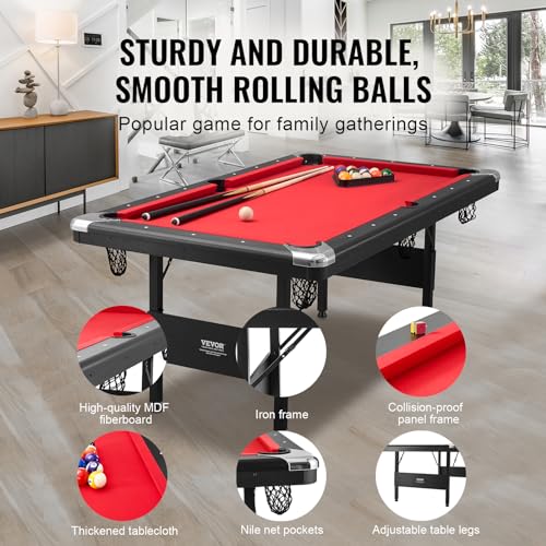 VEVOR Billiards Table, 6.3 ft Pool Table, Portable Foldable Space-Saving Table, Billiard Table Set Includes Balls, Cues, Chalks and Brush, Black with Red Cloth, Perfect for Family Game Room Kid Adult