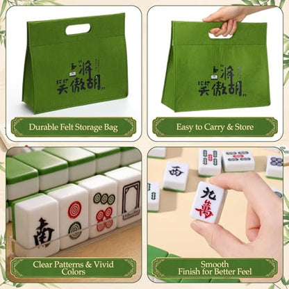 Professional Traditional Chinese Mahjong Set, 30 mm 146 Sturdy Plastic Tiles with Dice, Wind Indicator & Green Felt Case for Authentic Hong Kong Mahjong Gameplay