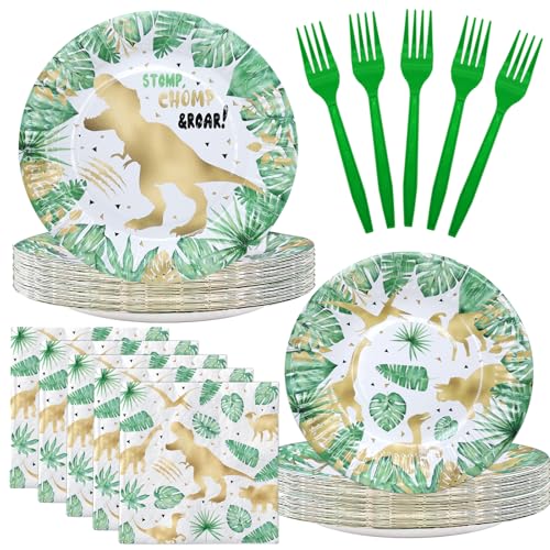 Gold Dinosaur Birthday Party Favors & Decorations - Dinosaur Theme Tableware Set with Plates, Napkins, and Forks - style: Gold Dinosaur