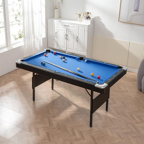 5.3 FT Pool Table Portable Foldable Billiards Table for Kids & Adults with with Balls, Cues, Chalk, Rack & Brush, Compact Space-Saving Game Table for Family Game Room & Office - color: Black+Blue