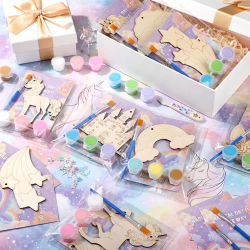 Saypacck 24 Pcs Rainbow Unicorn Party Favors Wooden Painting Craft Kits Birthday Party Supplies with Organza Bag for Goodie Bags Fillers Adult Thank You Gifts - style: Rainbow Unicorn