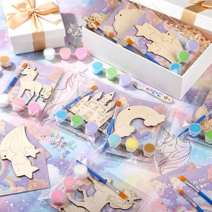 Saypacck 24 Pcs Rainbow Unicorn Party Favors Wooden Painting Craft Kits Birthday Party Supplies with Organza Bag for Goodie Bags Fillers Adult Thank You Gifts - style: Rainbow Unicorn
