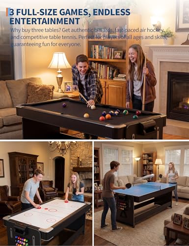 7 ft 3-in-1 Multi-Game Table - Air Hockey, Billiards & Table Tennis Ping Pong Combo with High-Performance Airflow, Easy Flip Top & Full Accessories for Game Room, Man Cave & Family Fun - color: Black