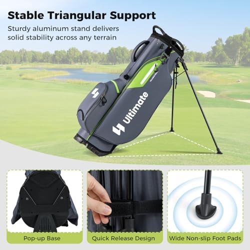 ULTIMATE Golf Stand Bag, 8-Way Golf Bag with 5 Pockets, Rain Hood, Detachable Dual Shoulder Strap, Lumbar Pad, Handles, Portable Golf Club Bag for Men & Women - color: Grey