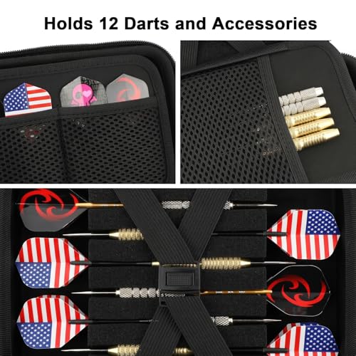 Dart Case for Steel & Soft Tip Darts, Dart Carrying Case Holds 12 Darts and Extra Accessories Flights Shafts Tips