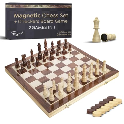 Wooden Magnetic Chess Set & Checkers Board Game, 15” Foldable Chess Board | Solid Wood 2-in-1 Board Game for Adults with Storage Box, 2 Extra Queens, Portable Travel Chess Set for Kids & Beginners - size: Large (15" x 15")