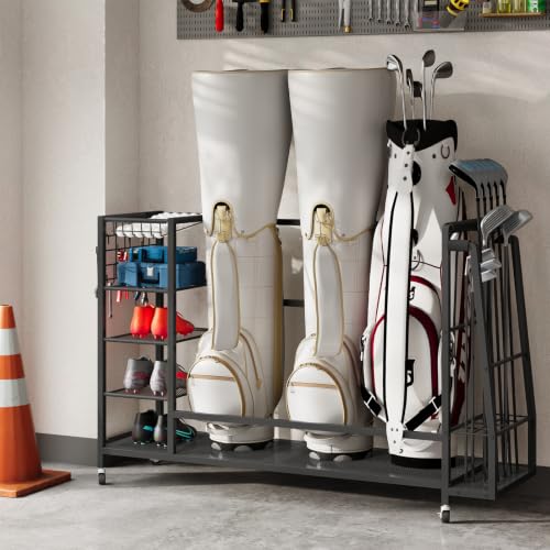 HOOBRO Golf Bag Storage Garage Organizer, Golf Bag Storage Stand Fits 3 Golf Bags and Golf Equipment Rack with Wheels, Extra Storage Rack for Garage, Club, Basement, Black BK109CJ01 - size: 55.7"L x 11.8"W x 33.5"H