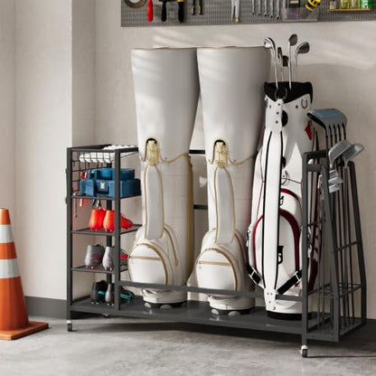 HOOBRO Golf Bag Storage Garage Organizer, Golf Bag Storage Stand Fits 3 Golf Bags and Golf Equipment Rack with Wheels, Extra Storage Rack for Garage, Club, Basement, Black BK109CJ01 - size: 55.7"L x 11.8"W x 33.5"H