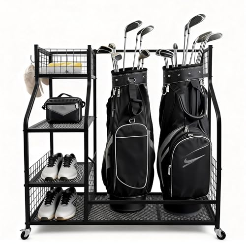 hanmir Sports Equipment Organizer, Golf Ball Storage Rack & Golf Bag Holder for Garage, with Storage Basket and Hooks, Indoor Outdoor Toy Ball Organizer for Golf Clubs, Basketball, Toys