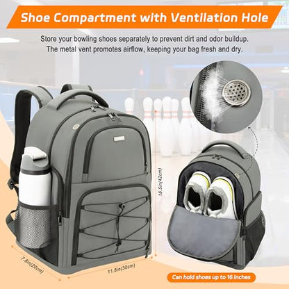 Bowling Ball Backpack with Shoe Compartment, Single Ball Bag for Men & Women, Protective Ball Holder & Ventilated Shoe Storage, Multi-Pocket Bowling Gear Bag for League & Casual Bowlers - color: Charcoal Grey