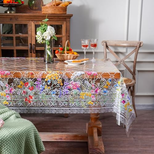 ARTABLE Clear Table Cover Protector Vinyl PVC Rectangle Table Cloth with Floral Print Pattern Oil Proof Wipe-able Plastic Tablecloths for Dining Tables Parties Holidays (Flowers, 55 x 120 Inches) - color: Flowers, size: 120" x 55" (Rectangular)