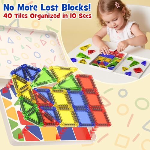Mini Magnetic Tiles for Kids Travel - 40pcs STEM Building Blocks with Visual Storage Guide & Metal Box Play Base, Toddler Airplane Activities Toys for Ages 3-5,4-8, Compact Travel Toys - style: Glossy Surface Mini Magnetic Tiles - 40 PCS