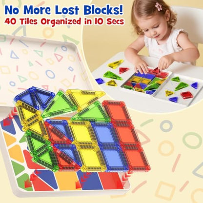 Mini Magnetic Tiles for Kids Travel - 40pcs STEM Building Blocks with Visual Storage Guide & Metal Box Play Base, Toddler Airplane Activities Toys for Ages 3-5,4-8, Compact Travel Toys - style: Glossy Surface Mini Magnetic Tiles - 40 PCS