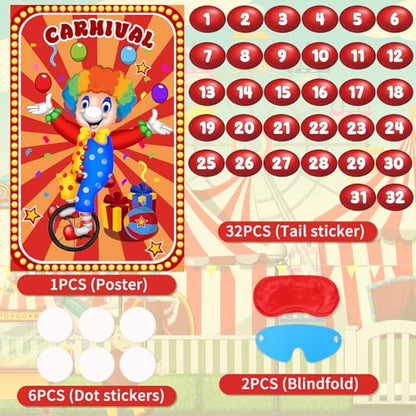 Hxezoc Circus Party Games, Pin The Noses on The Clown With 32 Pcs Nose Stickers, Large Carnival Clown Games Poster for Kids Birthday Party School Classroom Carnival Party Supplies
