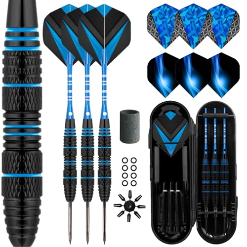 Dart Metal Tip Set 3 Aluminum Dart Shafts Steel Tip Dart Set Professional Darts Steel Tip Set + Extra 3 Dart Flights 3 Replace Plastic Shafts - color: blue-black