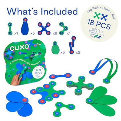 Clixo Itsy Magnetic Toy for Kids - Flexible, Durable, Imagination-Boosting Magnet Building Toy. Educational Multi-Sensory STEM Experience. Great as a Travel Game. Ages 4-99. 18 Piece Pack - color: Blue / Green
