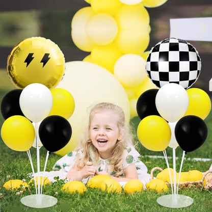 Smile Party Balloons Stand Kit 2 Sets with 2 Black White Checkered Foil Balloons Happy Face Themed Party Balloon Centerpiece for Tables for Baby Birthday Party Yellow Smile Face Themed Decorations - style: Smile