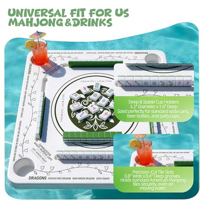 Floating Mahjong Table for Pool with 4 Cup Holders, 31.5" Pool Mahjong Set, Double-Sided Game Table for Hot Tub, Beach Party, Includes 4 Shuffle Cards - color: Green Printed F