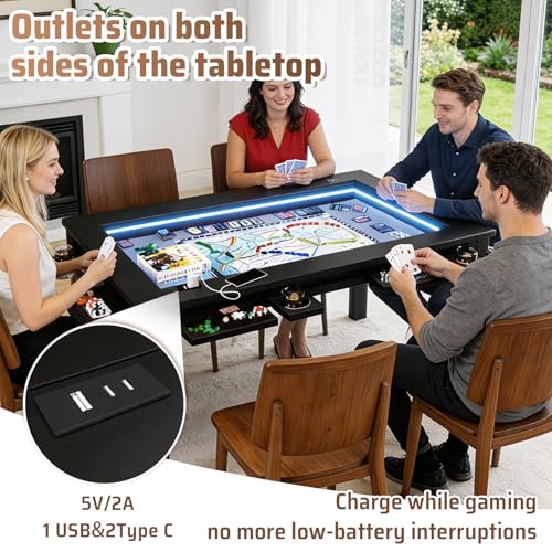 Haddockway Board Game Table with Adjustable Led Lights, 53.7in x 30.7in Play Area Removable Table Top Dining/Gaming Table with Charge Station, Play Mat, 6 Cup Holders & Trays (Black) - color: Black With Led Light