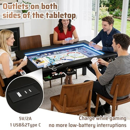 Haddockway Board Game Table with Adjustable Led Lights, 53.7in x 30.7in Play Area Removable Table Top Dining/Gaming Table with Charge Station, Play Mat, 6 Cup Holders & Trays (Black) - color: Black With Led Light