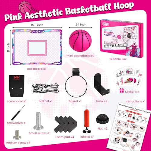 LovesTown Pink Indoor Mini Basketball Hoop, for Girls Ages 4-12, Over The Door Hoop with LED Lights & Electronic Scoreboard, 4 Balls, DIY Stickers, Sports Toys for Family Game Night - style: Charming