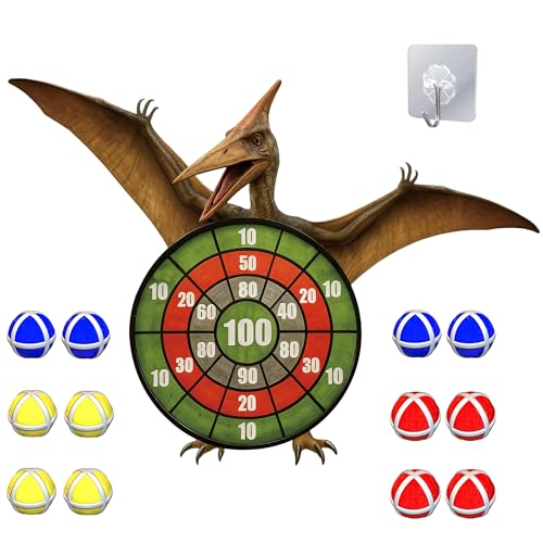 Pterosaur Dinosaur Themed Toss Game Banner with 12 Sticky Balls, 30” Large Dino Dart Board for Indoor Outdoor Games Birthday Party Supplies