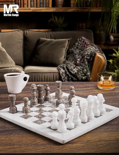 Marble Chess Set 12" Inches White and Oceanic with Storage Box and 2 Extra Queen Handmade Luxury Board Games for Adults, Ideal Chess Board Game & Marble Chess Set for Adults - color: White & Oceanic