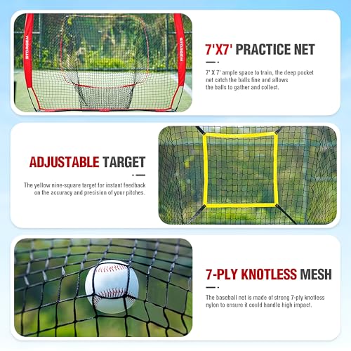 Storgem Baseball and Softball Practice Net 7×7ft Portable Hitting Pitching Batting Training Net Baseball Backstop Net with Batting Tee and Strike Zone and Bow Frame - color: Red Pro