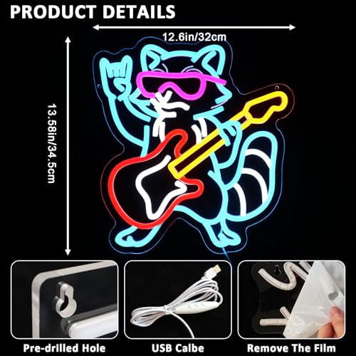 Raccoon Guitar Neon Sign for Wall Decor, Cool Guitarist Led Signs for Bedroom, USB Dimmable Cute Animal Neon Lights for Bar Live Music Concert Club Game Room Studio Party Home Decoration - style: Raccoon Guitar