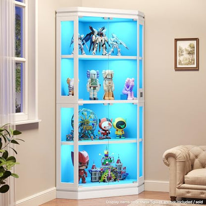 Jocoevol Corner Display Cabinet with 4 Glass Doors, 4-Tier Display Cases with RGB Lights for Collectibles, 67'' Tall Corner Curio Cabinet with Human Body Sensor for Living/Game Room (White)