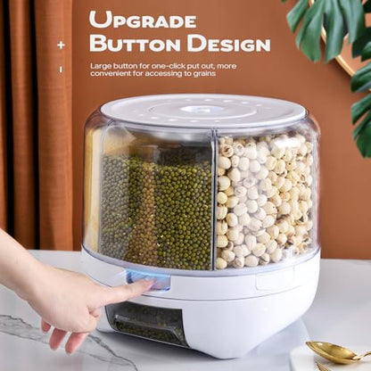Grain Dispenser, 360° Rotating Storage Container, 6 Grid Food Dispenser with Storage Sealed Lid, Rice Dispenser for Grains, Beans, Rice, Peanut, Barley - size: M-WHITE