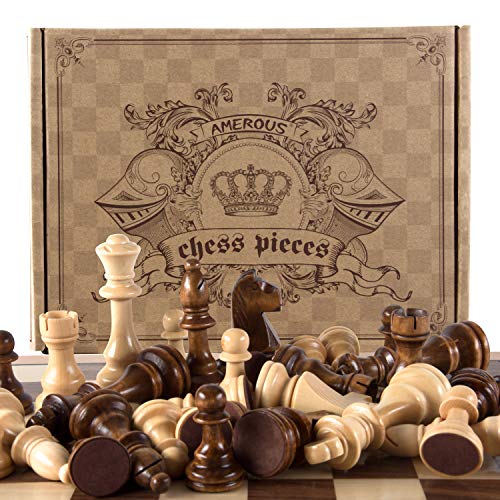 AMEROUS Chess Pieces Only, Wooden Hand Carved Tournament Chessmen with 4.12" Inches King, 2 Storage Bags for Chess Board Game, Replacement of Missing Pieces
