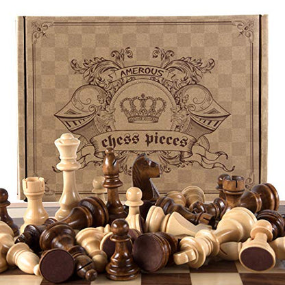 AMEROUS Chess Pieces Only, Wooden Hand Carved Tournament Chessmen with 4.12" Inches King, 2 Storage Bags for Chess Board Game, Replacement of Missing Pieces