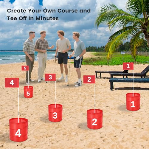 Golf Bucket Yard Game 6-Hole Set with 2 Clubs, Portable Outdoor Yard Game for Family and Adults, Golf Chipping Practice for Lawn, Beach, Camping, Park - 6 Holes