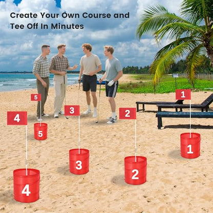 Golf Bucket Yard Game 6-Hole Set with 2 Clubs, Portable Outdoor Yard Game for Family and Adults, Golf Chipping Practice for Lawn, Beach, Camping, Park - 6 Holes