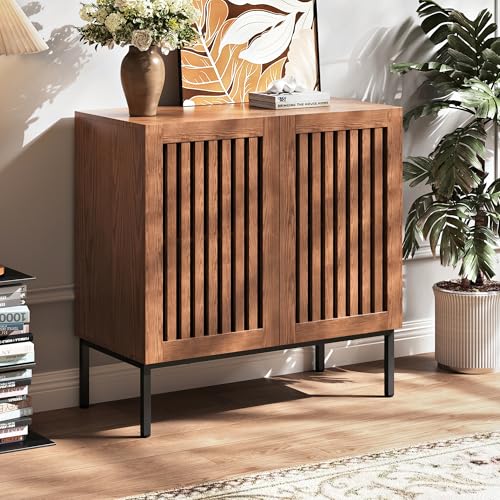 BVIUNTWO Modern Storage Cabinet with Slatted Doors,Sideboard Buffet Cabinet with Adjustable Shelf and Metal Legs for Kitchen,Dining Room,Living Room,32 Inch,Brown - size: 32 Inch