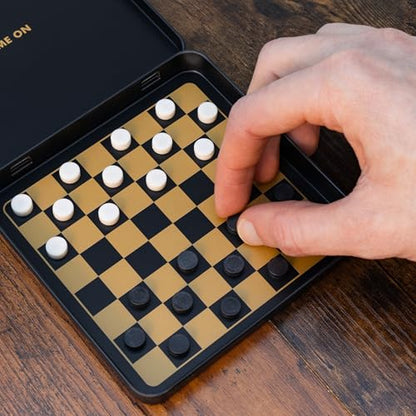 Iron & Glory Magnetic Travel Checkers Set Durable Tin Case with Secure Magnetic Pieces, Compact & Portable Board Game Family Strategy Game with Carry Pouch for Easy On-The-Go Fun, Ideal Novelty Gift - color: Travel Checkers