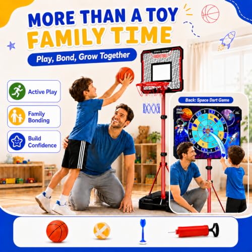 2-in-1 Kids Basketball Hoop with Flip Backboard & Space Target Game, Height Adjustable 3.5-6.2 FT for Ages 3-8, Indoor & Outdoor Play Set with Pump, Mini Basketballs, Sticky Target Balls & Soft Darts
